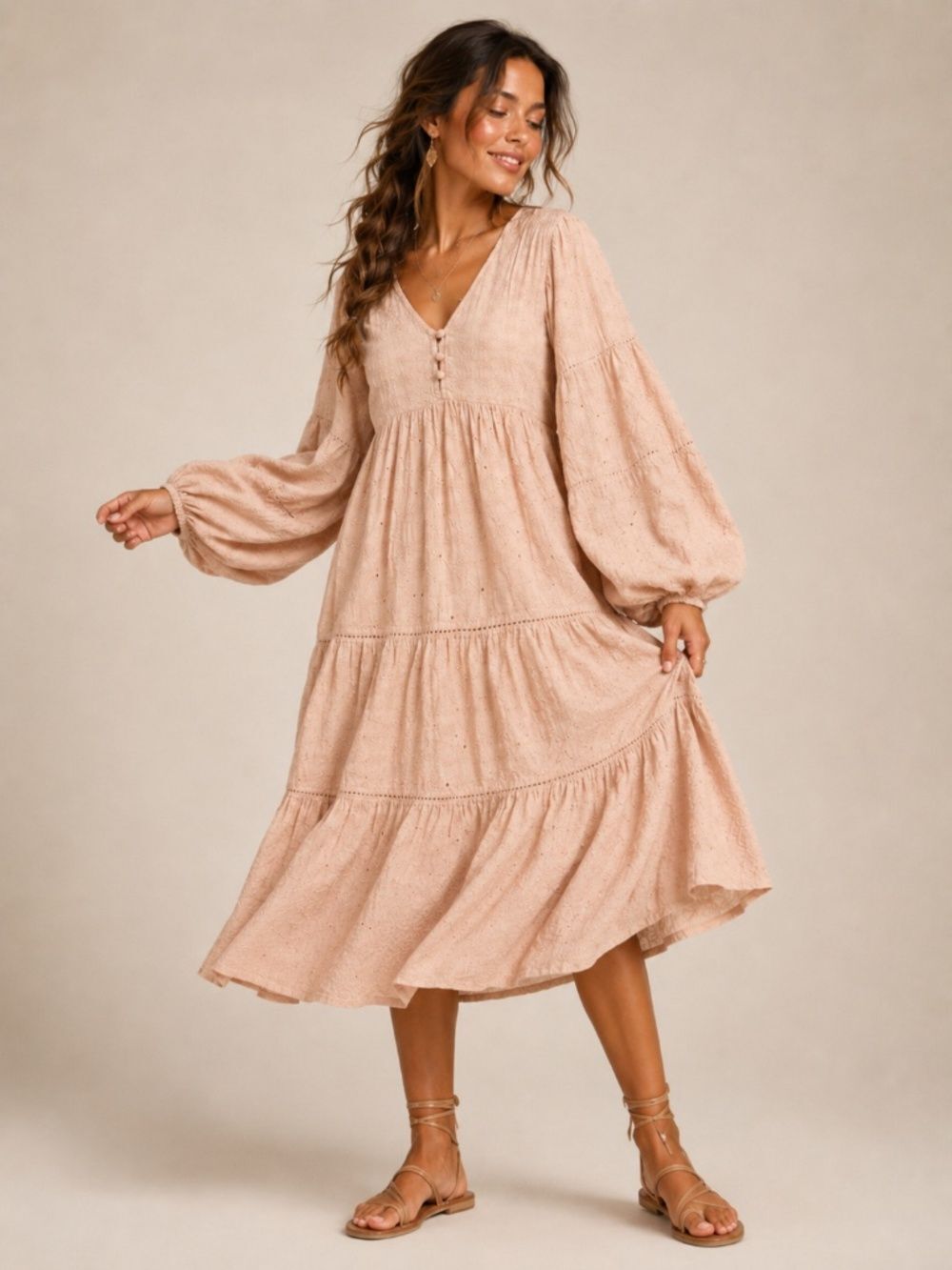 ASOS DESIGN Blush Embroidered Eyelet Tiered Midi Dress Sz 6 - Picture 1 of 10